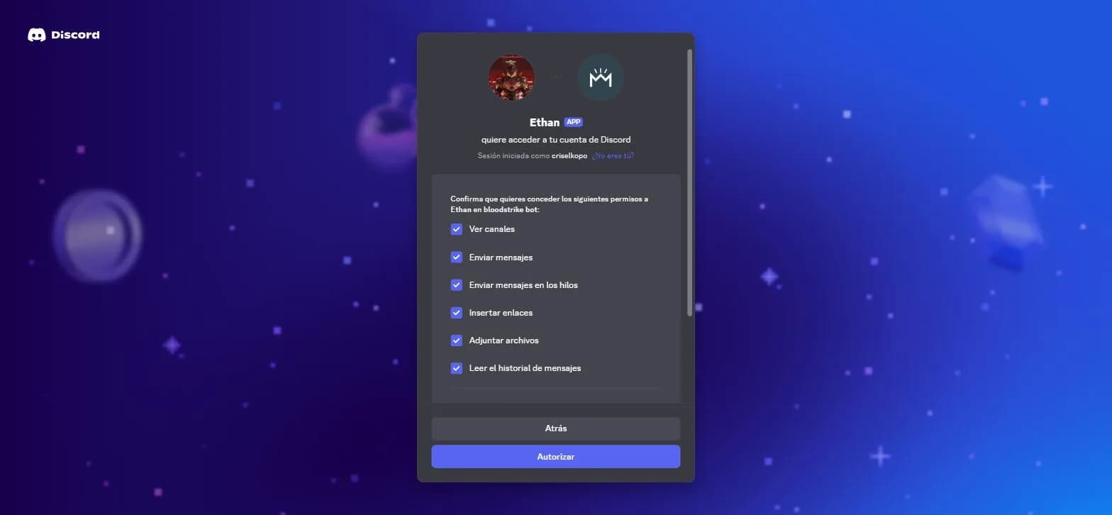 Diálogo de Discord para añadir Ethan